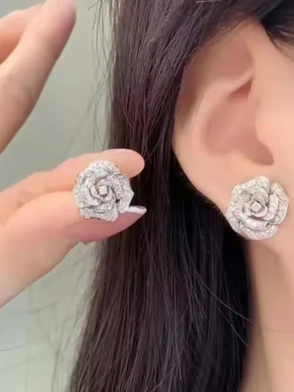 White Rhodium Camellia Stud Earrings - Picture 2 of 4